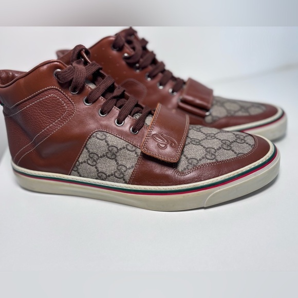 GUCCI Monogram Canvas Web GG Brown Leather High Top Men’s Sneaker Strap Size 12 - Picture 17 of 17